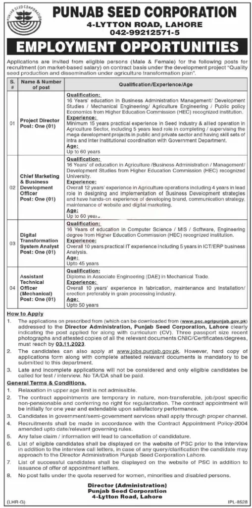 Punjab Seed Corporation Jobs 2023 Advertisement