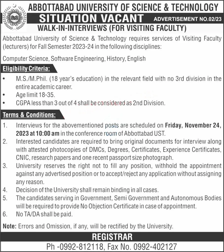 Abbottabad University of Science and Technology Jobs 2023 Advertisement