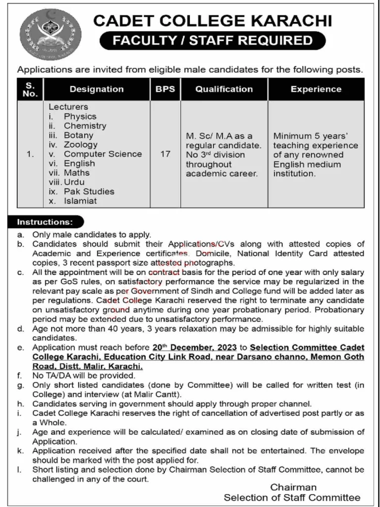 Cadet College Jobs Karachi 2023 Advertisement