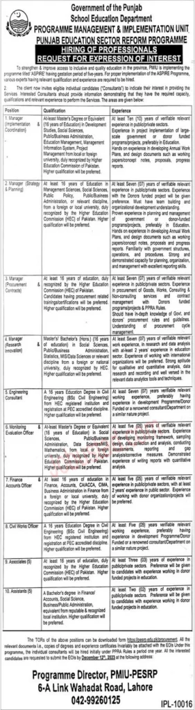 Govt of Punjab School Education Department Jobs 2023 Advertisement