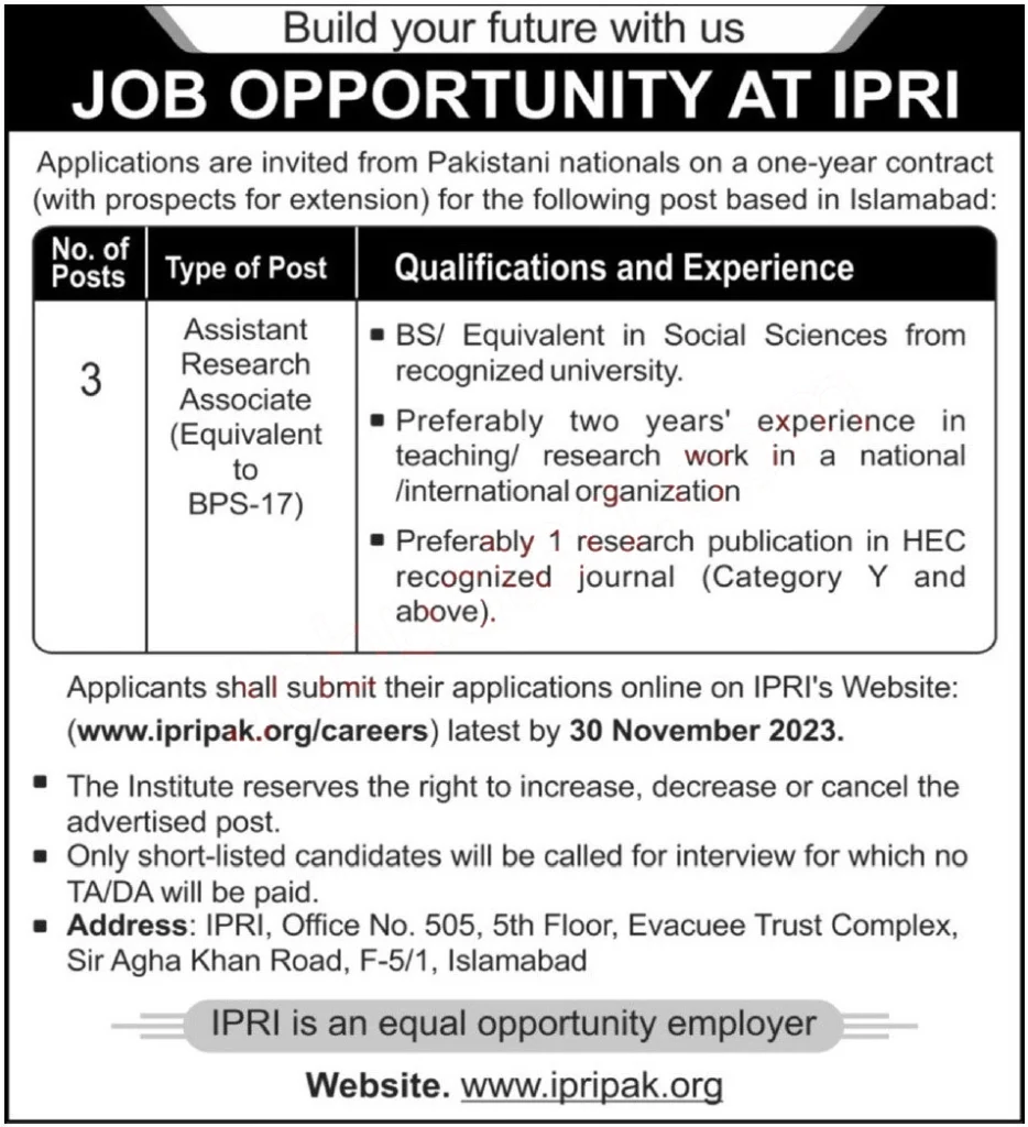 Islamabad Policy Research Institute Jobs 2023 Advertisement