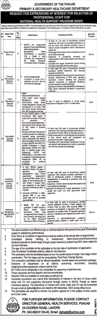 Primary and Secondary Healthcare Department Punjab Jobs 2023 Advertisement