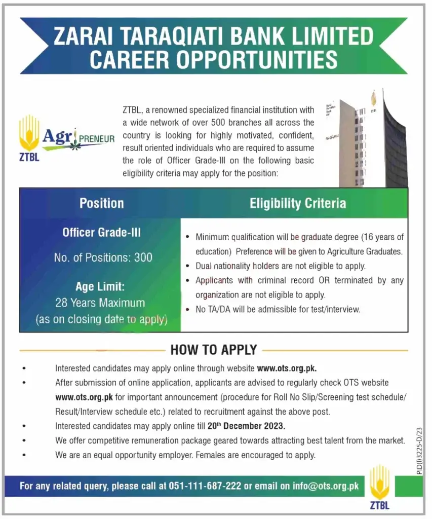 Zarai Taraqiati Bank Limited Jobs 2023 Advertisement