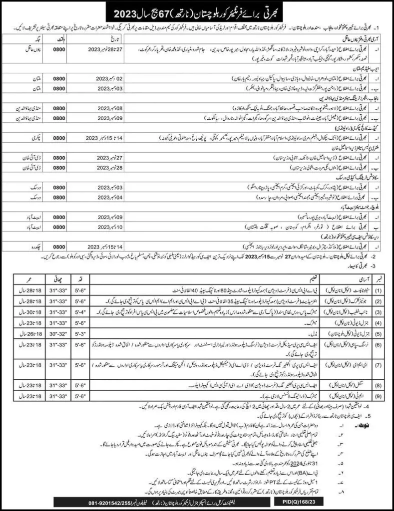 FC Jobs 2023 (Batch-67) Join Frontier Corps North Balochistan Advertisement