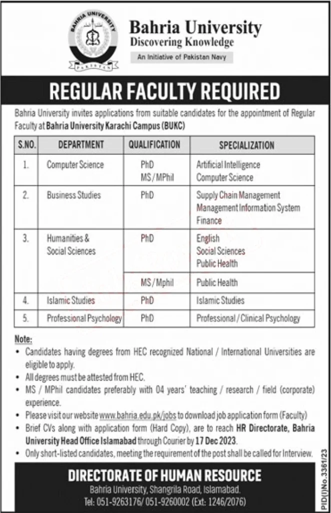 Bahria University Karachi Campus Jobs 2024