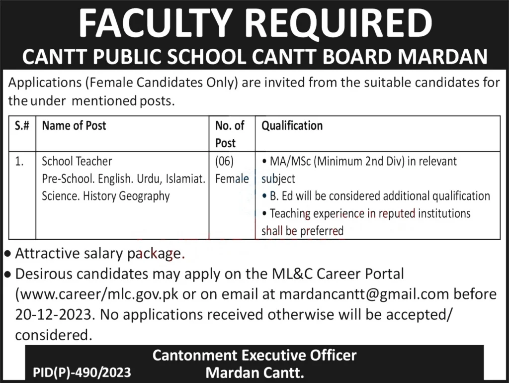 Cantt Public School Jobs Mardan 2024 Advertisement