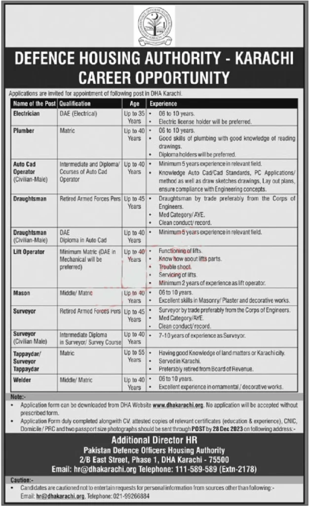 Defence Housing Authority Karachi Jobs 2024 Advertisement