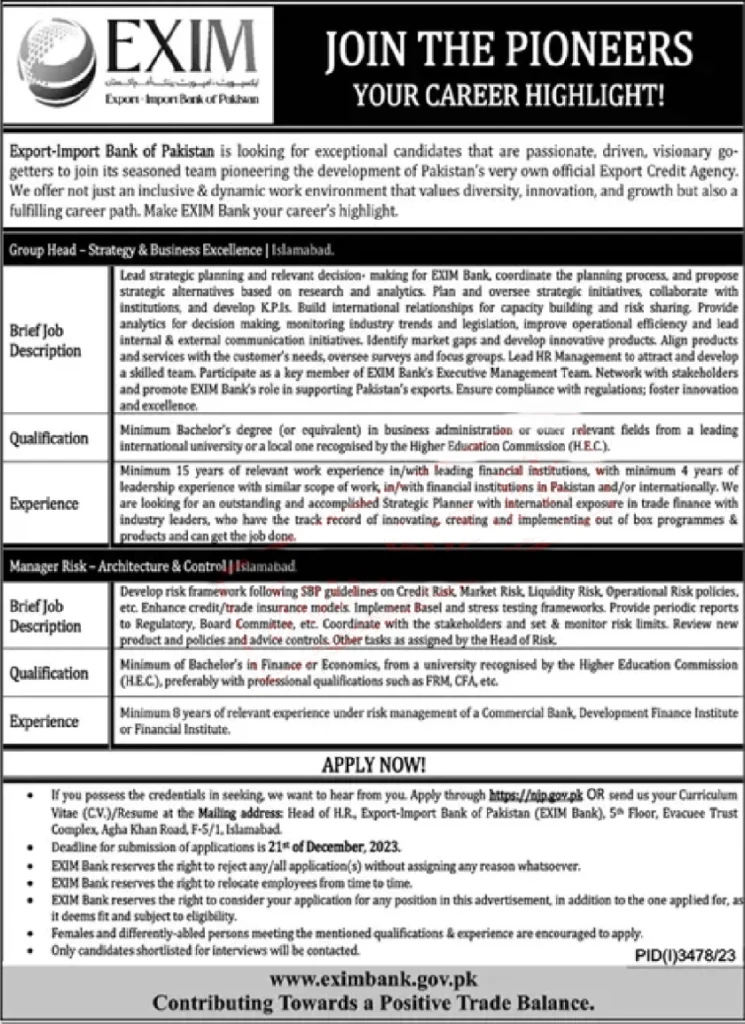 EXIM Bank of Pakistan Jobs 2024 Advertisement