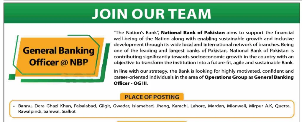 General Banking Officer Jobs NBP Lahore 2024