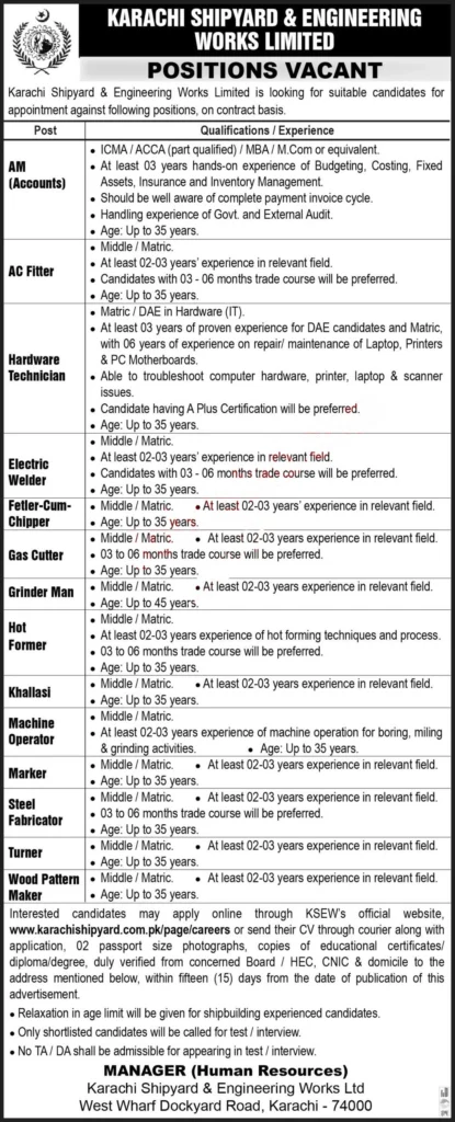 Karachi Shipyard and Engineering Works Department Jobs 2024 Advertisement