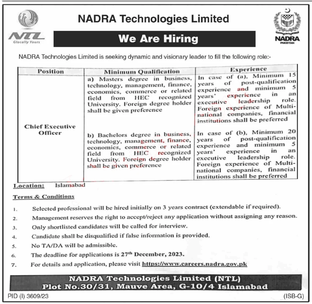 NADRA Jobs 2024 Online Apply Advertisement