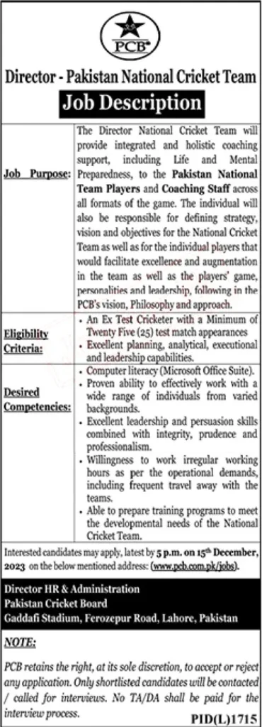 Pakistan Cricket Board PCB Jobs 2024 Advertisement