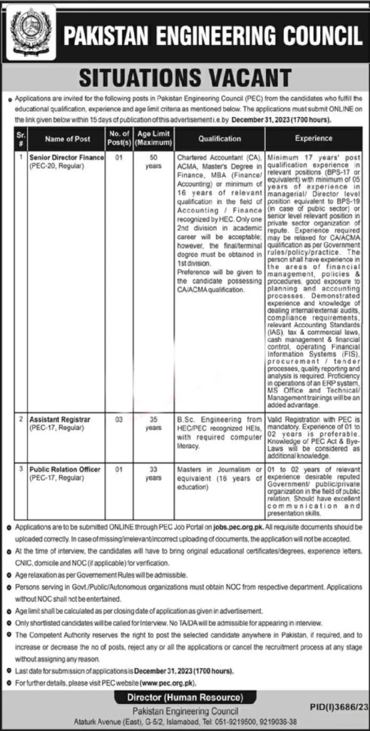 Pakistan Engineering Council PEC Jobs 2024