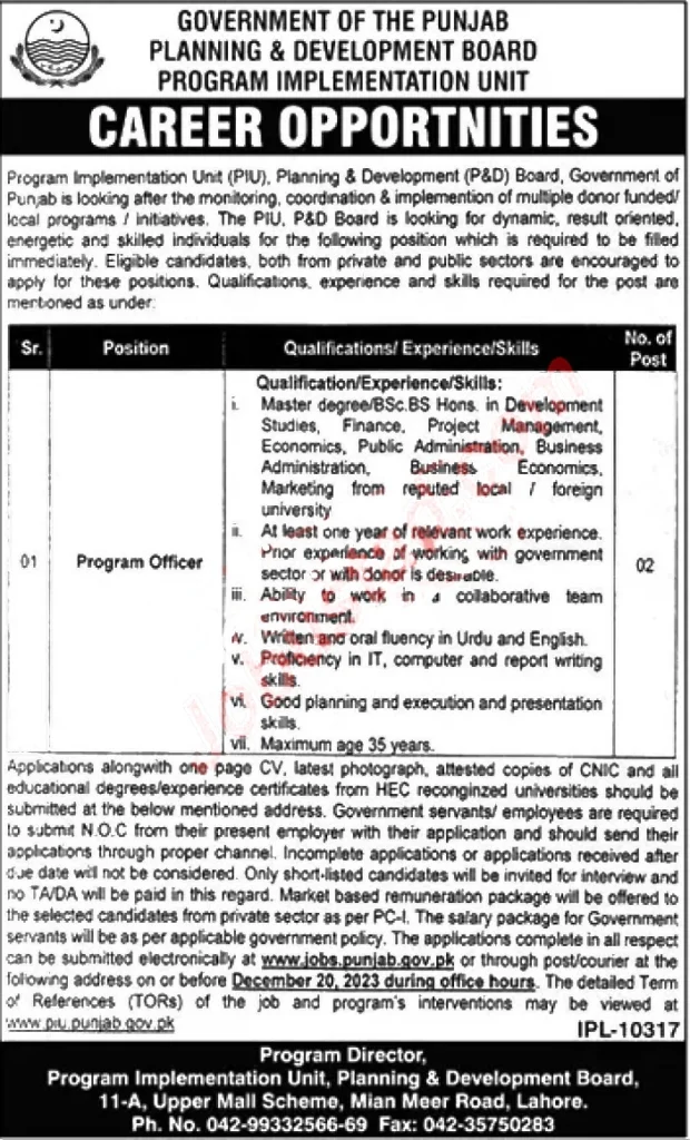 Planning and Development Board Punjab Jobs 2024 Advertisement