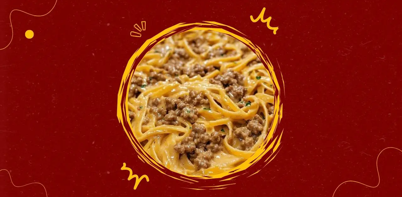 Creamy Fettuccine with Ground Beef and Herb Cheese Sauce Recipe